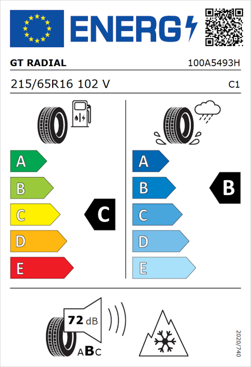 Tyre Label for GT Radial 4Seasons 215/65R16 102V