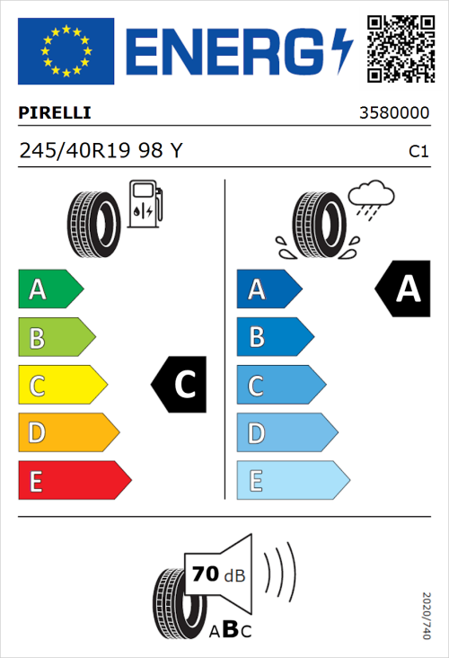 Tyre Label for Pirelli Cinturato P7 Run Flat - PNCS 245/40R19 98Y