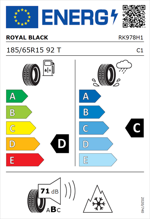 Tyre Label for Royal Black Royal A/S 185/65R15 92T