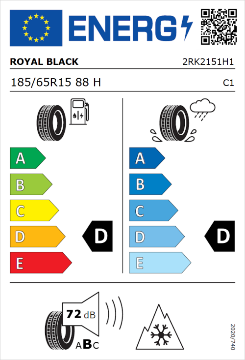 Tyre Label for Royal Black Winter HP 185/65R15 88H