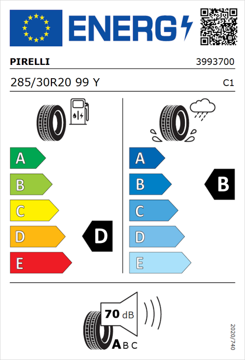 Tyre Label for Pirelli P Zero (PZ4) Sport Car 285/30R20 99Y