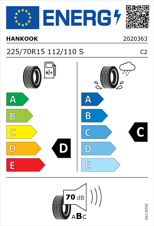 Tyre Label for Hankook Vantra LT RA18 225/70R15 112/110S