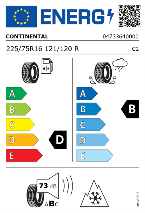 Tyre Label for Continental Vanco FourSeason 2 225/75R16 121/120R